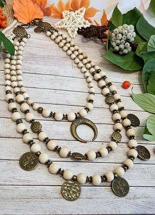 🔺🌺🏵️ трирядне кольє намисто в українському стилі натуральний камінь біла викопна яшма