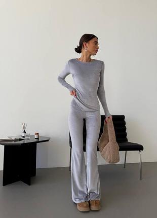 Женский велюровый плюшевый костюм штаны клеш и лонгслив прогулочный комплект велюр