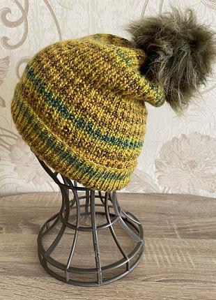 Шапка бини с отворотом и помпоном 55-57 р