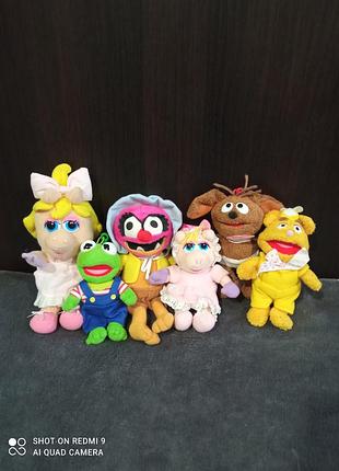 Набор, герои маппет шоу, лягушонок кермит, свинка пигги, медведь фоззи, чудовище(животное),винтаж, брелок, мягкая игрушка
