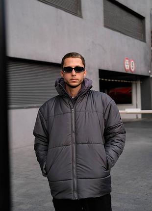 Чоловіча дута куртка графіт зима осінь на змійці без капюшону, тепла куртка з високим воротом
