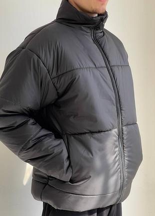 Чоловіча дута куртка графіт зима осінь на змійці без капюшону, тепла куртка з високим воротом