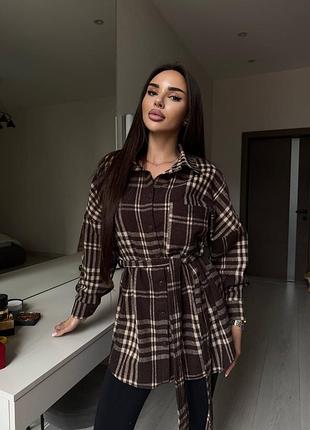 Кашемірова сорочка в клітинку шоколадна з поясом в комплекті onesize 1074