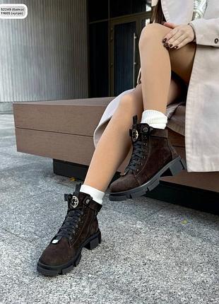 Накладной платеж ❤ шоколадные натуральные кожаные замшевые ботинки на шнуровке тракторной подошвой утеплены набивным мехом зимние байка демисезонные