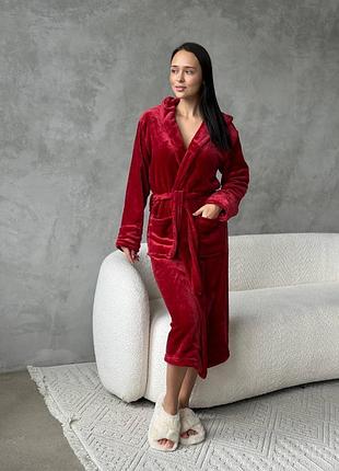 Халат домашний красный женский с поясом и капюшоном длинный миди теплый махровый осенний весенний зимний