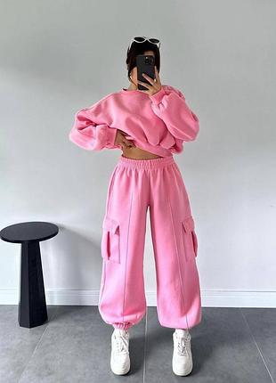 Женский теплый костюм карго трехнитка на флисе барби мод.1507