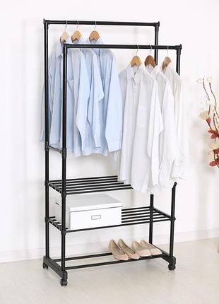 Стійка-вішалка висувна для одягу з полицями для взуття металева