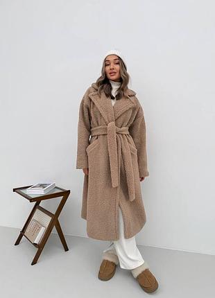 Жіноча еко-шуба тедді довге пальто барашек з поясом бежевий