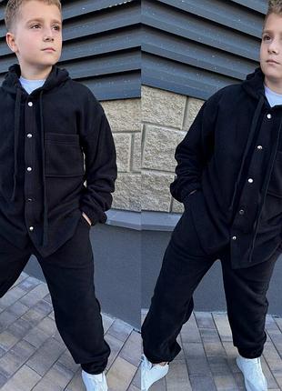 Дитячий флісовий повсякденний костюм з кофтою на кнопках з капюшоном з штанами джогерами