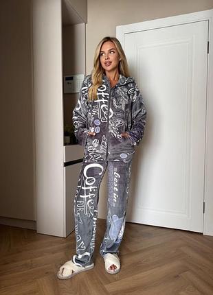 Махровий домашній костюм двійка жіночий | тепла зимова піжама кофта на блискавці з капюшоном та штани 7150