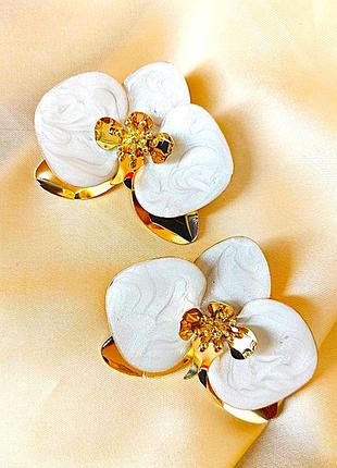 Женские серьги крупные цветы орхидеи белые sku 03844