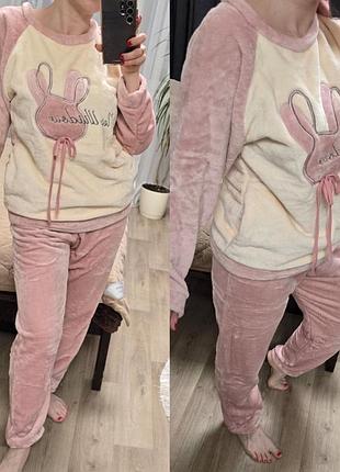Рожева махрова піжама зимова | домашній костюм комплект кофта та штани 7190