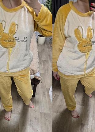 Жовта тепла зимова піжама махрова | домашній костюм кофта та штани 7190