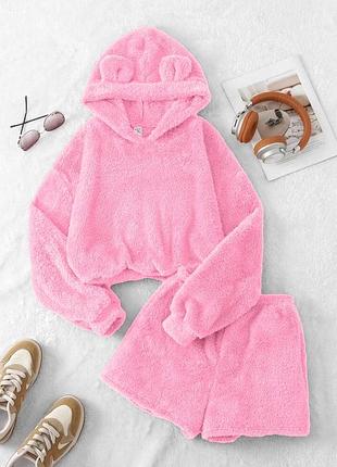 Теплая плюшевая махровая пижама худи с ушками и шорты домашний комплект