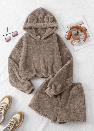 Женская теплая плюшевая пижама худи с ушками и шорты домашний махровый костюм с ушками