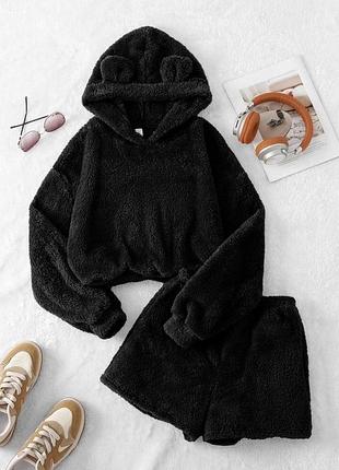Женская теплая плюшевая пижама худи с ушками и шорты домашний махровый костюм с ушками