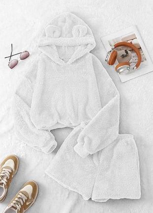 Женская теплая плюшевая пижама худи с ушками и шорты домашний махровый костюм с ушками