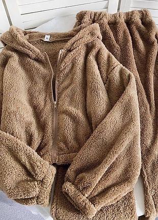 Теплая плюшевая пижама худи на молнии и штаны розовая женская подростковая махровый домашний костюм