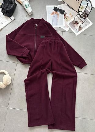 Жіночий флісовий спортивний повсякденний костюм теплий штани палаццо зі швами і кофта бомбер на замку