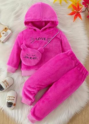 Теплий костюм велсофт велюр плюш з сумочкою для дівчинки  прогулянковий костюм, спортивний костюм,