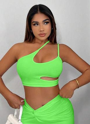 Shein салатовый топ с вырезами топик кроп топ