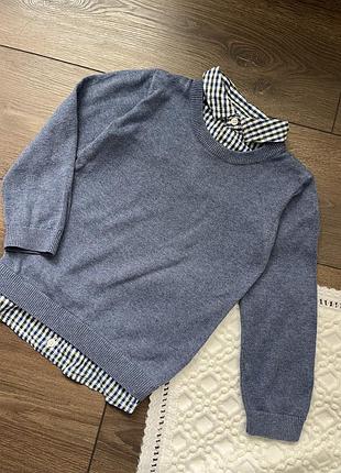Синій светр джемпер з сорочкою обманкою в клітинку для хлопчика 3 роки 98 см на осінь зиму весну