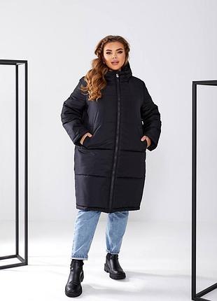 Женская удлиненная куртка пальто на зиму из стеганой черной плащевки 42-56