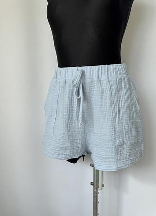 Shein голубые шорты шортики муслин тонкие летние пляжные пижамные с карманами
