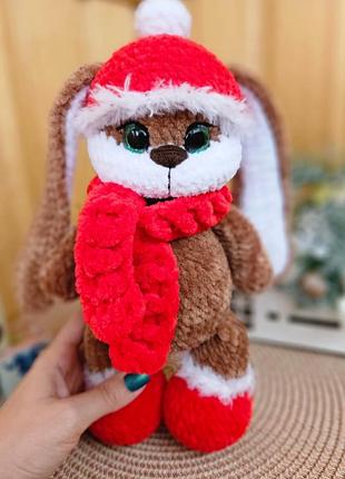 Новогодний зайчик, мягкая игрушка, ручная работа, 25 см, плюшевая гипоаллергенная пряжа