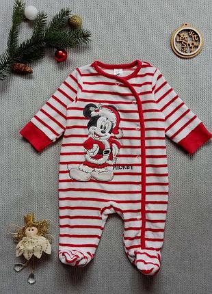 Велюровый новогодний теплый человечек 0-3 мес слип микки для новорожденного мальчика бодик disney дисней