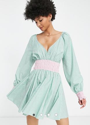 Topshop tall летнее платье в полоску с завязками на спинке длинный рукав пышная юбка зеленое с розовым
