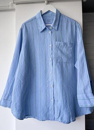Лляна сорочка голуба, оверсайз,блакитна сорочка з льону marks & spencer