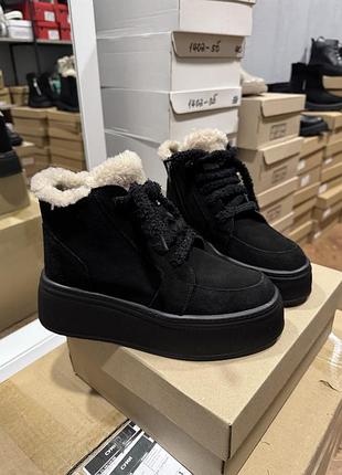 Ботінки жіночі тедді чорного кольору зима на хутрі черевики натуральні