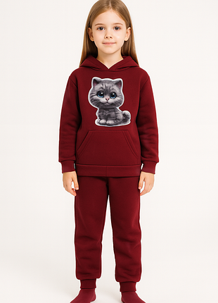 Детский костюм для девочки из трехнитки пене, теплый, без катышков, принт «котик», рост 128-146 см