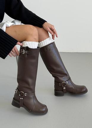 Чоботи труби чопери євро зимові з хутром і байкою шкіряні коричневі шоколадні жіночі