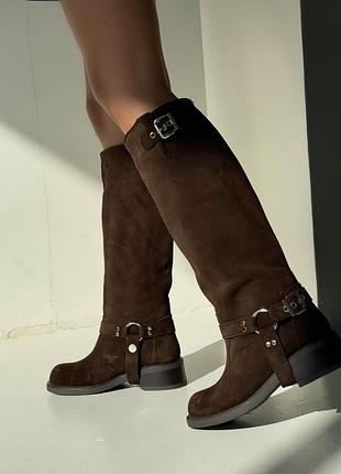 Чоботи труби чопери євро зимові з хутром і байкою замшеві коричневі шоколадні жіночі