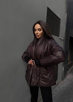 Жіночий шоколадний пуховик, куртка кімоно з поясом утеплена біопухом з кишенями шоколад