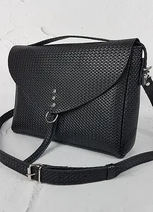 Сумка женская "доротые" натуральная кожа, черная матовая тиснение под плетёнку