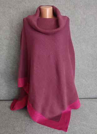 Свободный комфортный свитер накидка пончо с высокой г орловиной в бордового-винных тонах