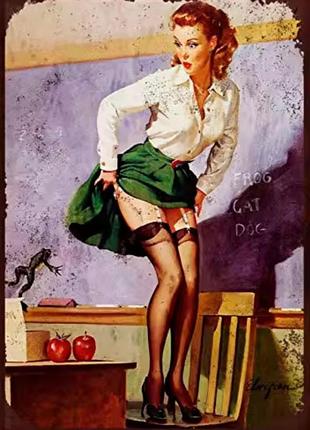 Металлическая винтажная табличка пин-ап сексуальная учительница 14х20 см