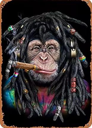Металева вінтажна табличка мавпа з дредами та сигарою 14х20 см