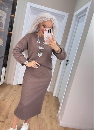 Костюм женский двойка кофта и юбка флисовый трикотаж пума шоколад 42-60 гг