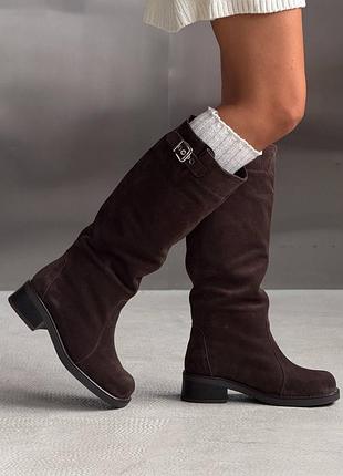 Женские сапоги трубы евро зима натуральная замша коричневые 11085