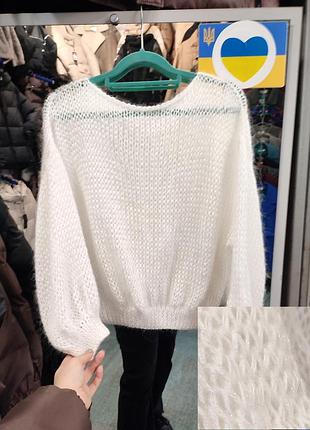 Свитер паутинка женский s-l из итальянского кидмохера белый с люрексовой нитью