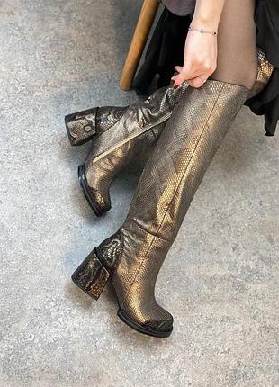 Ексклюзивні чоботи з італійської шкіри на підборах золотисті кавові коричневі