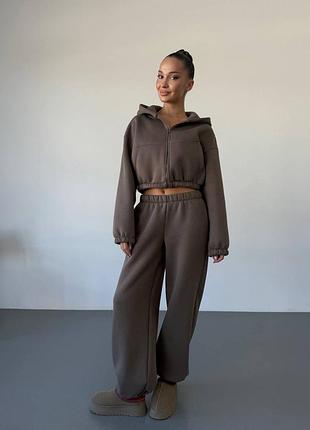 Жіночий теплий спортивний костюм | укорочена кофта на змійці з капюшоном та штани | 1688