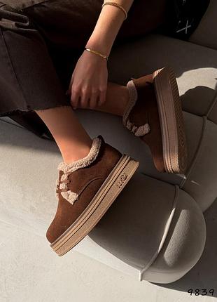 Кроссовки женские шоколад, замша зима 9839