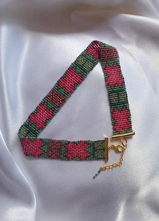 Чокер: чешский бисер, цветочный орнамент, золотистая фурнитура 20 мм ширина