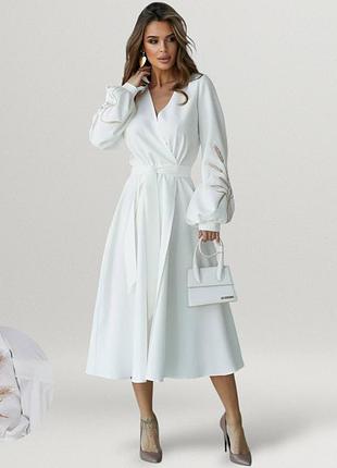 Платье женские миди на запах с вышивкой коллосок трапеция v вырез рукава фонарики праздничное вечернее платье батал молочное белое