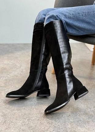 Чорні комбіновані чоботи belucci натуральна шкіра замш 36-41 зима демі